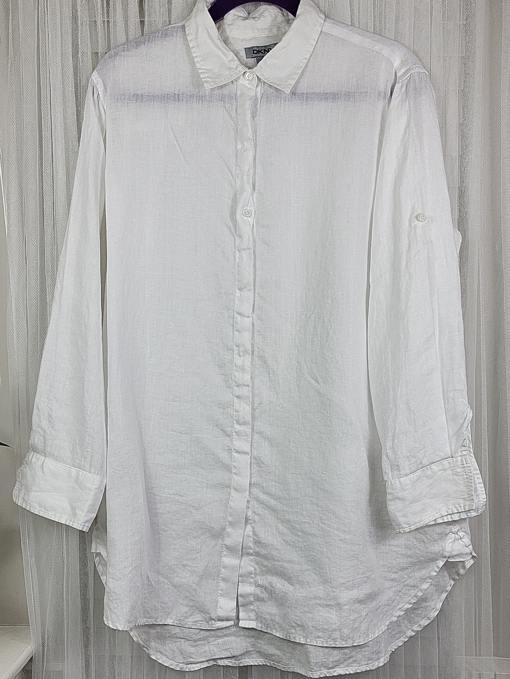 DKNY White 100% linen Lightweight Button-Front Casual Shirt. Size L